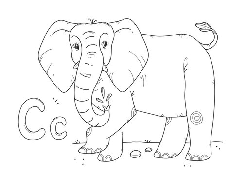 Elephant coloring book with russian large and small letters C. Children's coloring page alphabet. Linear illustration with an animal.
