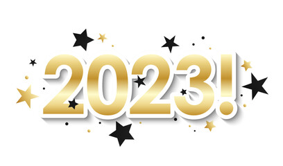 Black and metallic gold 2023! icon with stars on transparent background