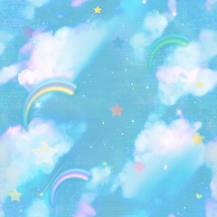 Seamless pattern landscape illustration of a sea of clouds, rainbows and meteors shining in a girly tasteful sky	