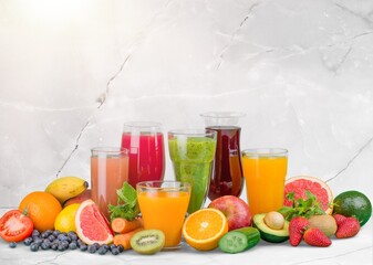 Healthy fresh fruits and vegetables drinks or smoothies