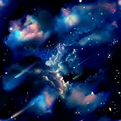 Seamless Pattern Landscape Illustration with Sea of Clouds in Outer Space and Meteors Shining