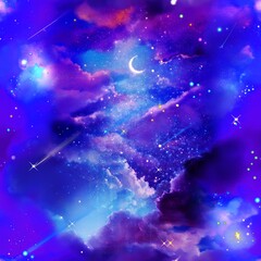 Seamless Pattern Landscape Illustration of Night Sky with Sea of Clouds, Shining Meteor and Crescent Moon