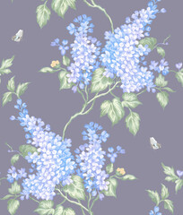 Vintage Floral Seamless Pattern with Blooming  lilac flowers and butterfly.