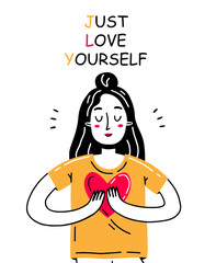 Happy girl holding a heart in the rock with the inscription just love yourself. Illustration with self-love character.