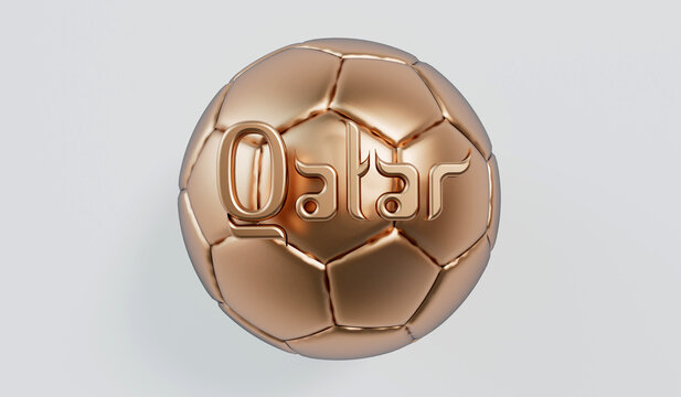Golden soccer football with Qatar arabic style text. 3D Rendering