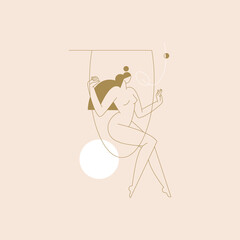Female body vector illustration. Nude woman silhouette composition, geometric shapes, feminine figure, boho colored contemporary design. Self care, body beauty concept for logo, branding. Modern art