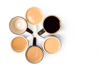 multiple cups of coffee placed in flower shape on white background, morning and wake up concept, space for text or promo