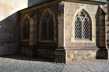 Gothic church windows in the sun in Bautzen, Germany.