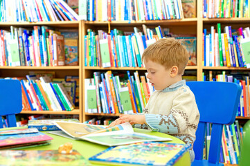 A little boy in the library is leafing through a children's picture book with interest. The child is drawn to knowledge.