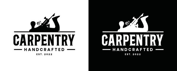 Wood planes or hand planes tool for carpentry or woodworker sign symbol icon vintage logo vector - obrazy, fototapety, plakaty