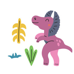 Cute bright dinosaur in doodle style. Vector illustration on a white background for decorating a children's room and textiles.