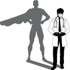 A superhero medical doctor man health care worker revealed by his shadow silhouette as a super hero in a cape.