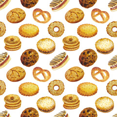 Watercolor sweet bakery cookies seamless pattern for cafe design