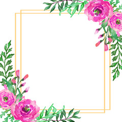 watercolor flower frame square. Elegant floral collection with isolated pink leaves and flowers, hand drawn watercolor. Design for invitations, weddings or greeting cards