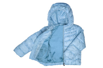 Childrens winter jacket. Stylish pink warm winter down jacket for kids isolated on a white...