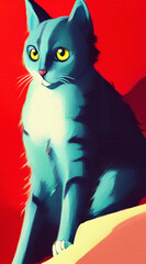 Oil painting portrait of beautiful cute cat. Kitten face wall art print, contemporary artwork. Cartoon anime style hand drawn kitten for poster, invitation, commercial design.