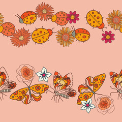 Retro Groovy Nature Garden Vector Seamless Horizontal Borders Set © Farissa