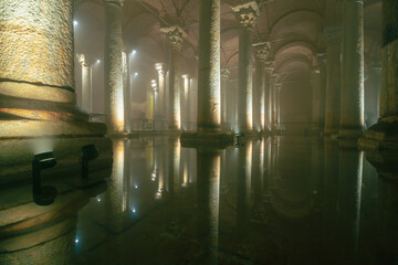 Columns of the Basilica Cistern with reflections on the water