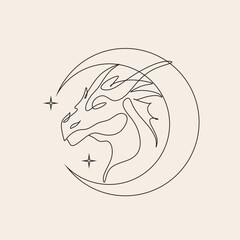 One line drawing of dragon with moon and sun logo identity. Magical legend art association tattoo. One line art design illustration. Magic poster 