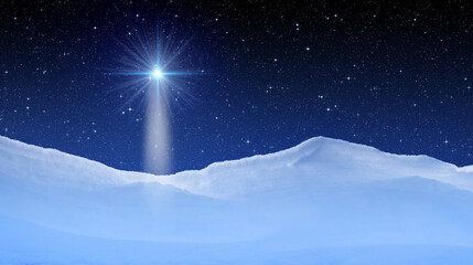 Obraz na płótnie Canvas Snowy mountains and a bright star in the night sky.