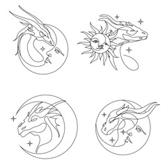 One line drawing of dragon with moon and sun logo identity. Magical legend art association tattoo. One line art design illustration. Magic poster 
