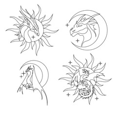 One line drawing of dragon with moon and sun logo identity. Magical legend art association tattoo. One line art design illustration. Magic poster 