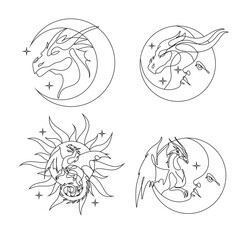 One line drawing of dragon with moon and sun logo identity. Magical legend art association tattoo. One line art design illustration. Magic poster 