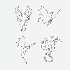 Dragon line drawing set on the white background