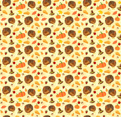 Thanksgiving day vector seamless pattern for any purpose. Autumn background turkey, pumpkin, berries, leaves, fruits, pie,  holiday hat.