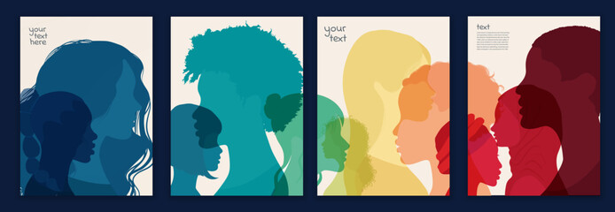 Group of multicultural diversity women and girls face silhouette profile. Female social network community of diverse culture. Business woman. Set template poster. Spectrum rainbow colors - obrazy, fototapety, plakaty