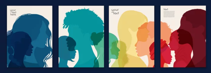 Foto op Canvas Group of multicultural diversity women and girls face silhouette profile. Female social network community of diverse culture. Business woman. Set template poster. Spectrum rainbow colors © melita