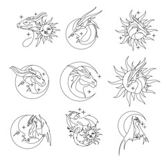 One line drawing of dragon with moon and sun logo identity. Magical legend art association tattoo. One line art design illustration. Magic poster 