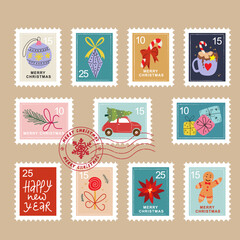 Hand drawn christmas postage stamp collection.