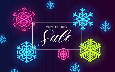 Winter sale banner with neon colorful snowflakes on dark blue background.