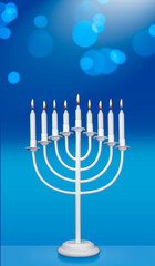 Jewish Hanukkah Menorah 9 Branch Candlestick. Holiday Candle Holder. Nine-arm candlestick. Traditional Hebrew Festival of Lights candelabra. Background for design with copy space