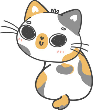 Cute Playful Calico Japanese Bobtail Kitten Cat Cartoon Doodle Hand Drawing