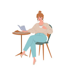 Young woman reading a book and drinking coffee in a Parisian cafe. Flat modern cartoon illustration of woman sitting on a typical french chair, dressed in a cozy warm sweater and trendy jeans.