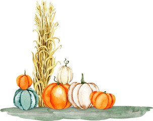 Fall watercolor arrangement. Autumn harvest, market, pumpkin, corn stalks, hay hand painted illustration. Thanksgiving greeting card, invitation, dinner