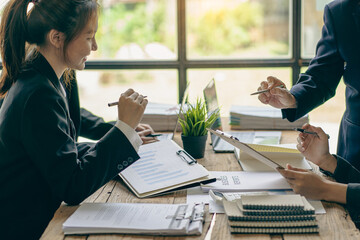 Successful business teams brainstorm new project ideas with partners working together to develop strategic planning for success. financial business concept