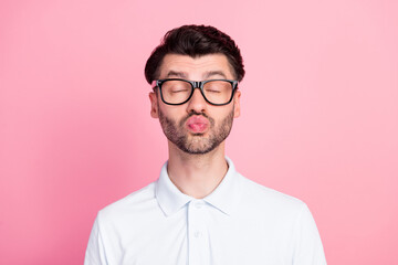 Closeup photo of young handsome positive lovely bearded boyfriend man air kiss dreamy you amour valentine isolated on pink color background