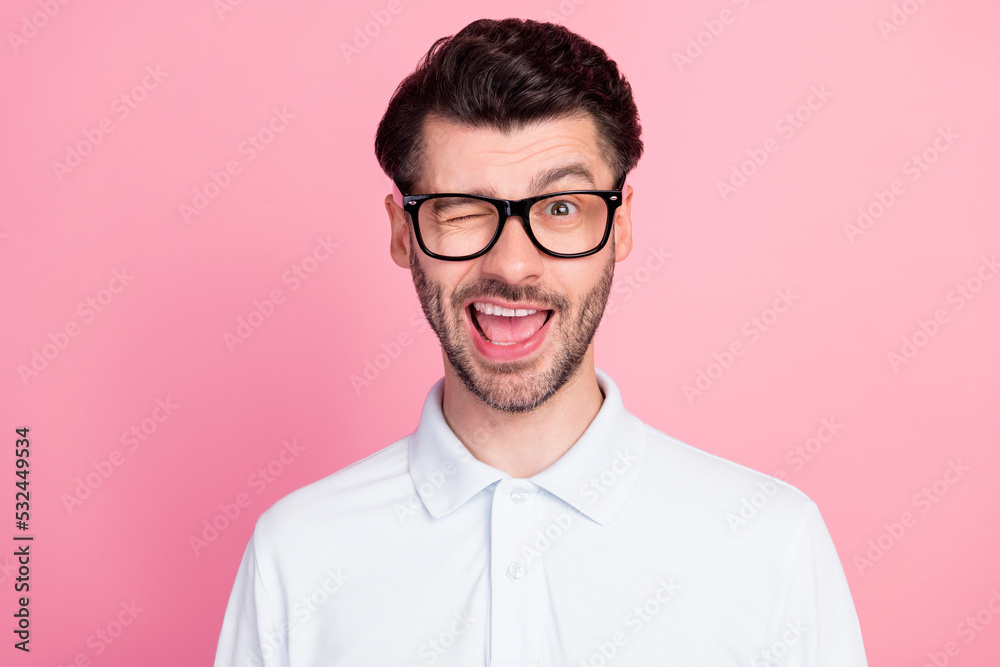 Canvas Prints Closeup photo of young bearded handsome positive guy toothy smile excited blink eye playful macho hint isolated on bright pink color background