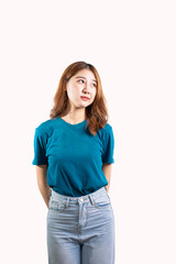 Obraz premium Cute face Asian woman making various hand gestures and isolated on white background copy space