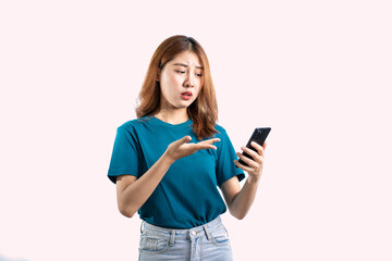 Asian woman looking at holding smartphone and isolated on white background copy space
