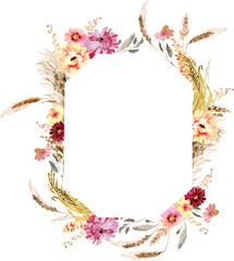 Wildflowers, wheat ears, herbs boho border painted in watercolor. Dried pampas grass floral bouquet, frame. Botanical boho elements isolated on white. Wedding invitation, greeting, card