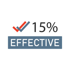 15% percentage effective sign label vector art illustration with fantastic font and green color stamp. Isolated on white background