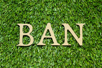 Wood alphabet letter in word ban on green grass background