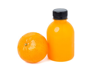 orange juice in a plastic bottle, oranges. isolated on white background
