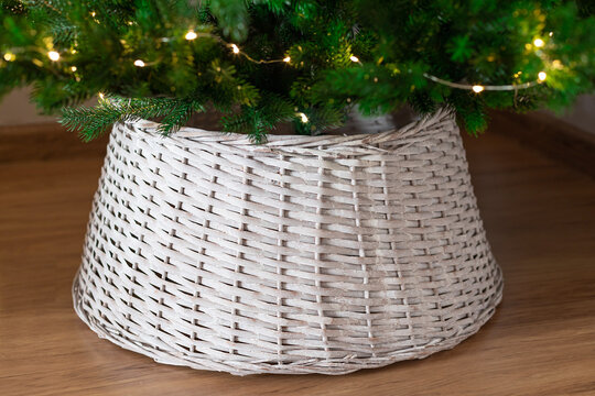 Closeup of Christmas tree collar basket. Christmas holiday decoration. selective focus