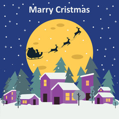 cristmas illustration moon city winter house snow night