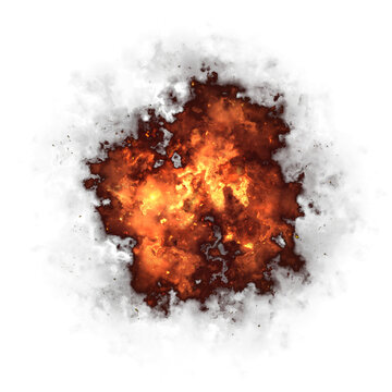 Fiery explosion with thick smoke, realistic fire blast isolated on white, orange flame burst for visual effects and game design